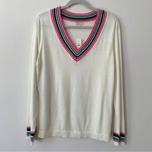 Talbots Pull-Over Knit Sweater Top L Cream Crochet V-Neck Long Sleeves CN4982